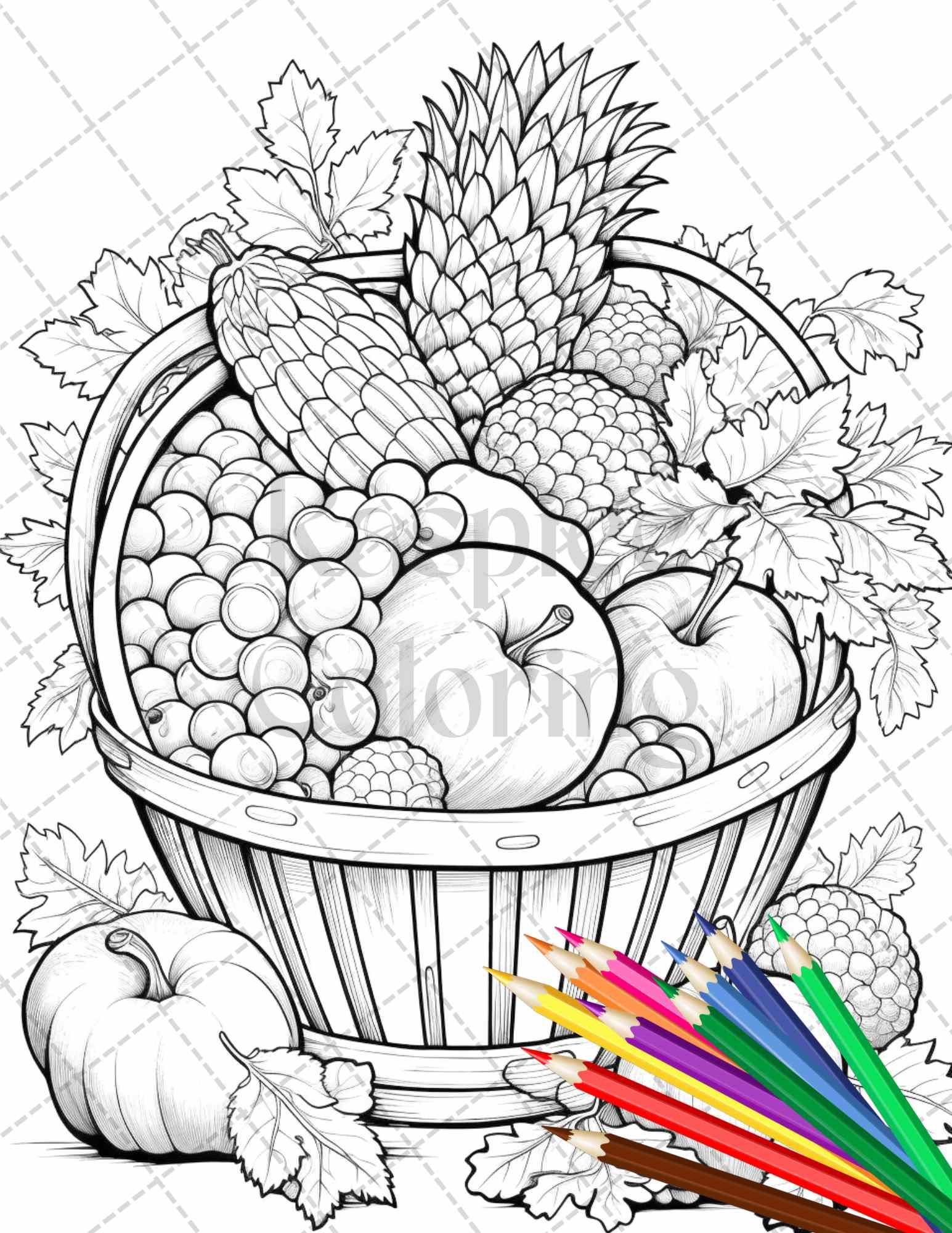 Autumn Harvest Grayscale Coloring Pages Printable for Adults, Relaxing Fall Themed Art, PDF File Instant Download