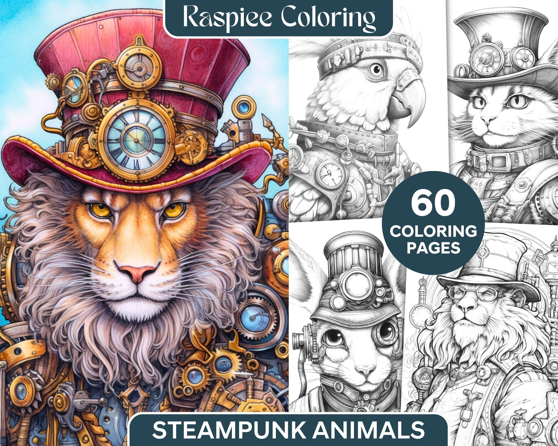60 Steampunk Animals Grayscale Coloring Pages Printable for Adults, PDF File Instant Download