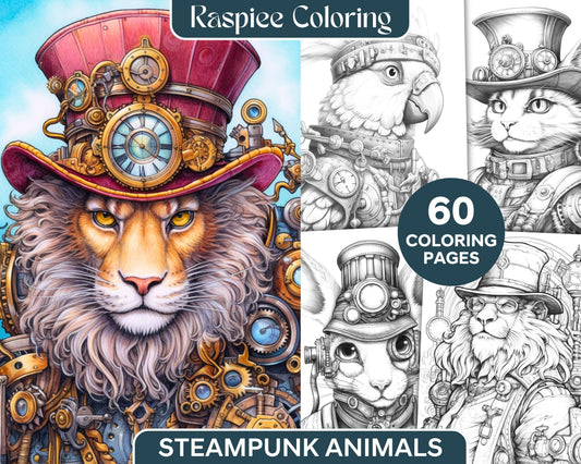 60 Steampunk Animals Grayscale Coloring Pages Printable for Adults, PDF File Instant Download