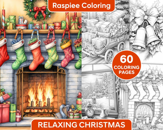 Relaxing Christmas Grayscale Coloring Pages for Adults, Festive Scenes & Decorations, PDF Instant Download