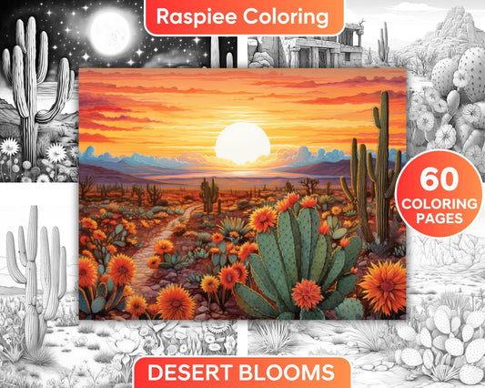 60 Desert Blooms Landscapes Grayscale Adult Coloring Pages, Printable PDF Instant Download
