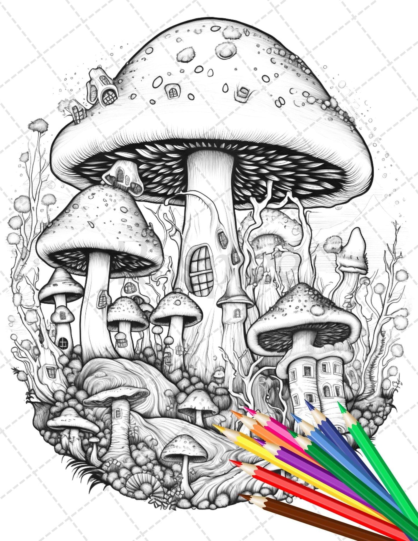 Psychedelic Mushroom Forest Coloring Book Printable for Adults, Trippy Grayscale Coloring Page, PDF File Instant Download
