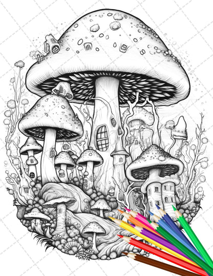 Psychedelic Mushroom Forest Coloring Book Printable for Adults, Trippy Grayscale Coloring Page, PDF File Instant Download