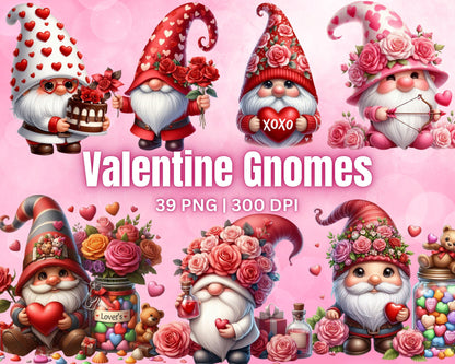 Adorable Valentine Gnomes Clip Art Bundle, 39 PNG High-Res Files for Commercial Use