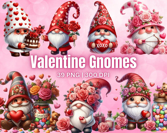 Adorable Valentine Gnomes Clip Art Bundle, 39 PNG High-Res Files for Commercial Use