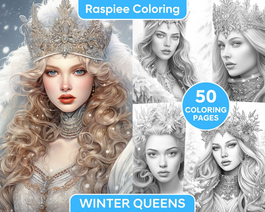 50 Winter Queens Portrait Grayscale Coloring Pages Printable for Adults, PDF File Instant Download