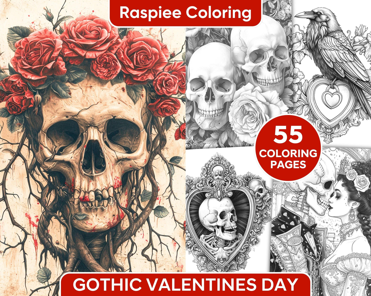 55 Gothic Valentines Day Grayscale Adult Coloring Pages, Printable PDF Instant Download