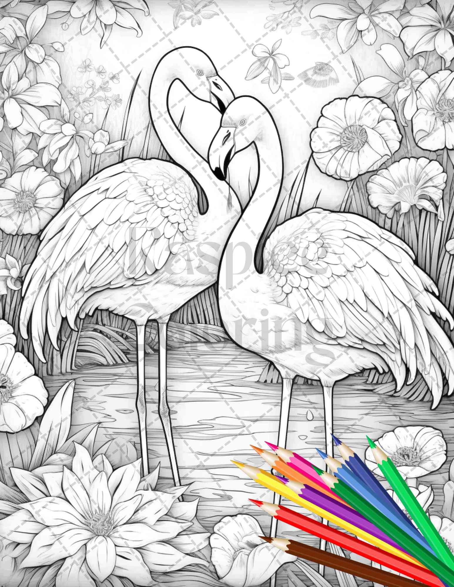 Flamingo Oasis Grayscale Coloring Pages Printable for Adults, PDF File Instant Download