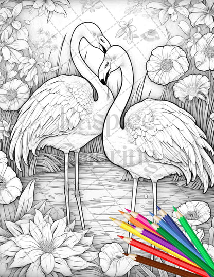 Flamingo Oasis Grayscale Coloring Pages Printable for Adults, PDF File Instant Download