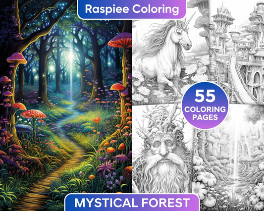 55 Mystical Forest Grayscale Adult Coloring Pages, Printable PDF Instant Download