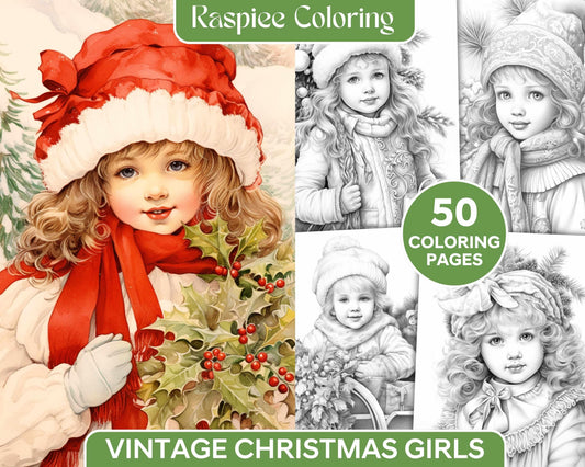 50 Vintage Christmas Girls Grayscale Coloring Pages for Adults and Kids, Printable PDF File Instant Download