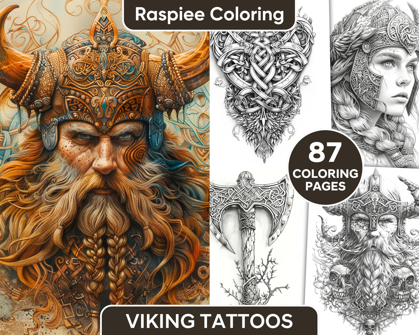 87 Viking Tattoos Grayscale Adult Coloring Pages Printable PDF Instant Download