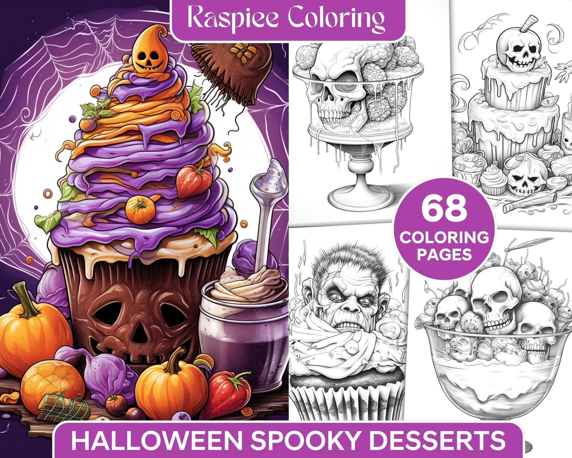 68 Halloween Spooky Desserts Grayscale Coloring Pages Printable for Adults, PDF File Instant Download