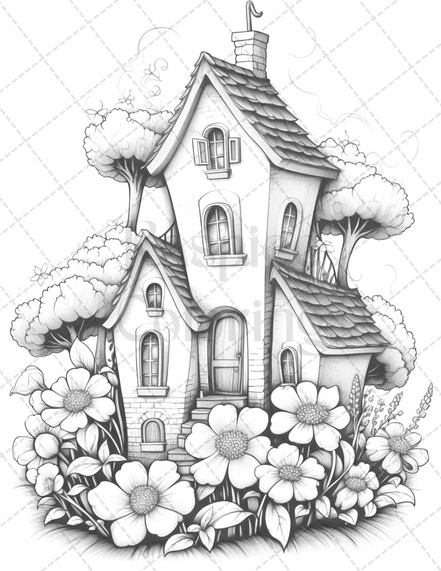 60 Flower Houses Grayscale Coloring Pages Printable for Adults, PDF File Instant Download