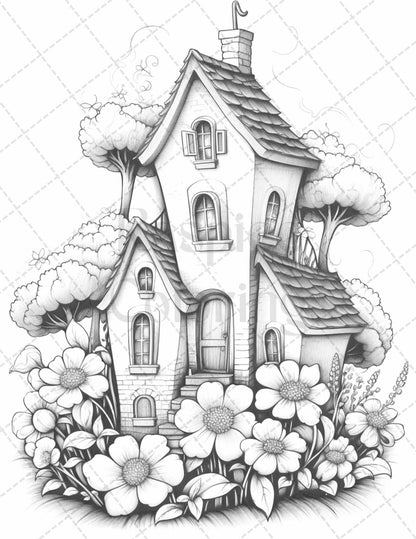 60 Flower Houses Grayscale Coloring Pages Printable for Adults, PDF File Instant Download