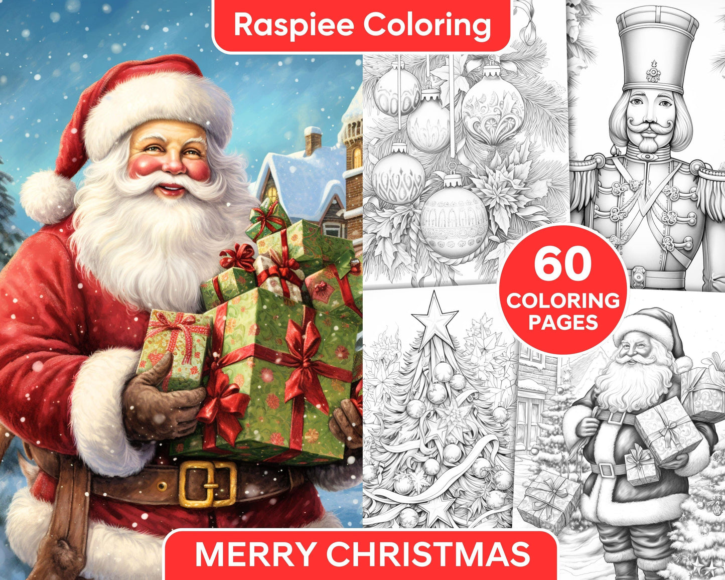 60 Merry Christmas Grayscale Coloring Pages Printable for Adult, Holiday Relaxation Art, PDF File Instant Download