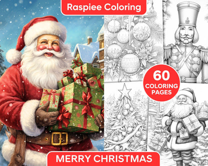 60 Merry Christmas Grayscale Coloring Pages Printable for Adult, Holiday Relaxation Art, PDF File Instant Download