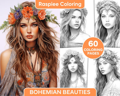 60 Bohemian Beauties Grayscale Coloring Pages for Adults, Printable PDF Instant Download
