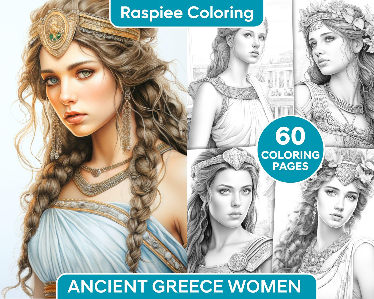 60 Ancient Greece Women Grayscale Coloring Pages for Adults, Printable PDF Instant Download