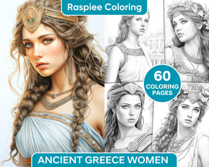 60 Ancient Greece Women Grayscale Coloring Pages for Adults, Printable PDF Instant Download