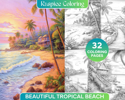 Beautiful Tropical Beach Grayscale Coloring Pages Printable for Adults, PDF File Instant Download