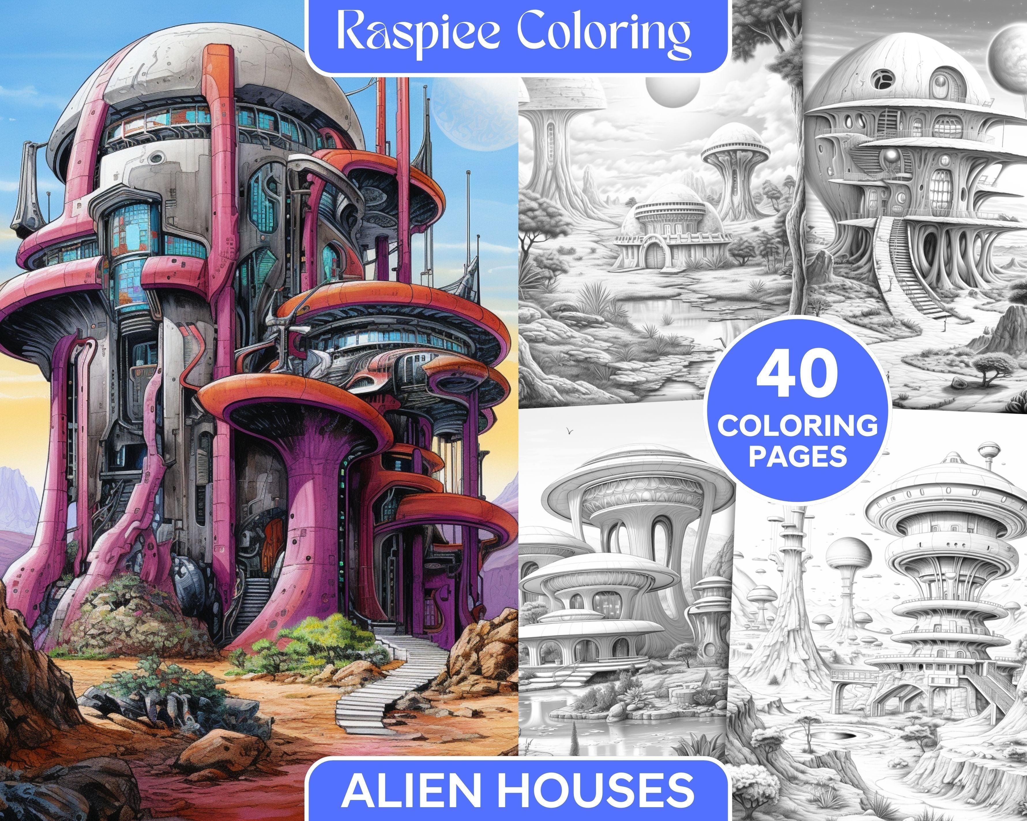 40 Alien Houses Grayscale Coloring Pages for Adults, Printable PDF Fil ...