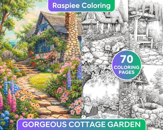 70 Gorgeous Cottage Garden Grayscale Adult Coloring Pages, Printable PDF Instant Download