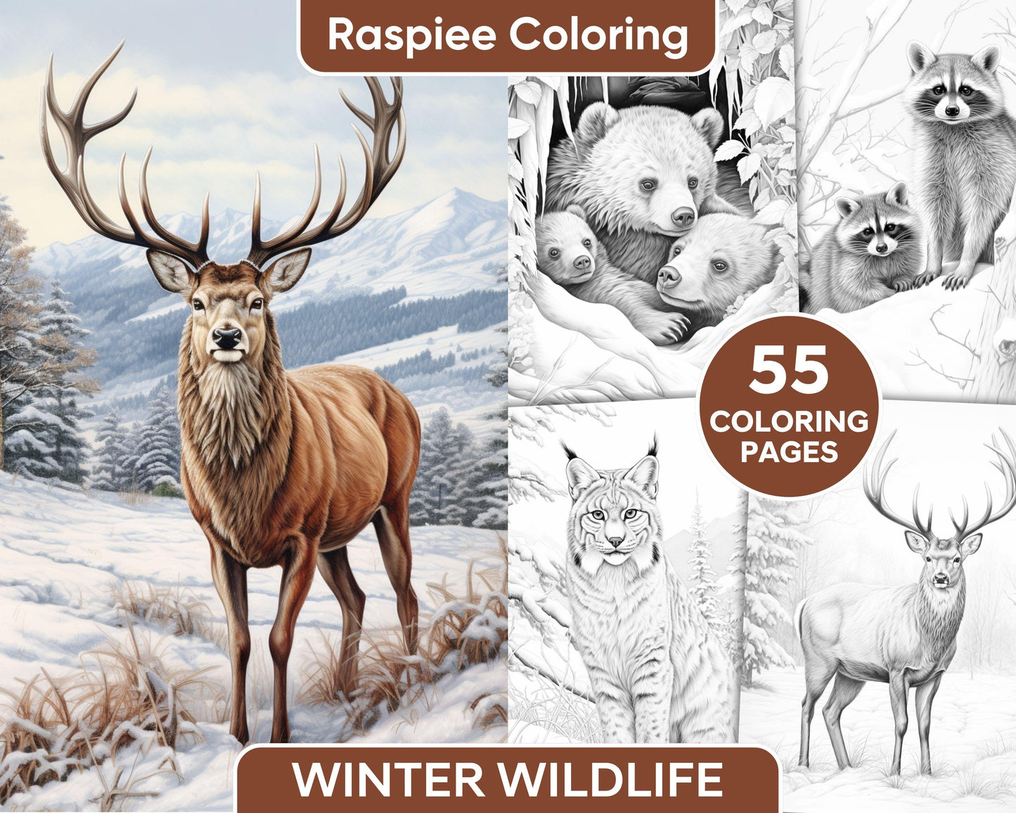 55 Winter Wildlife Grayscale Coloring Pages for Adults, Printable PDF Instant Download