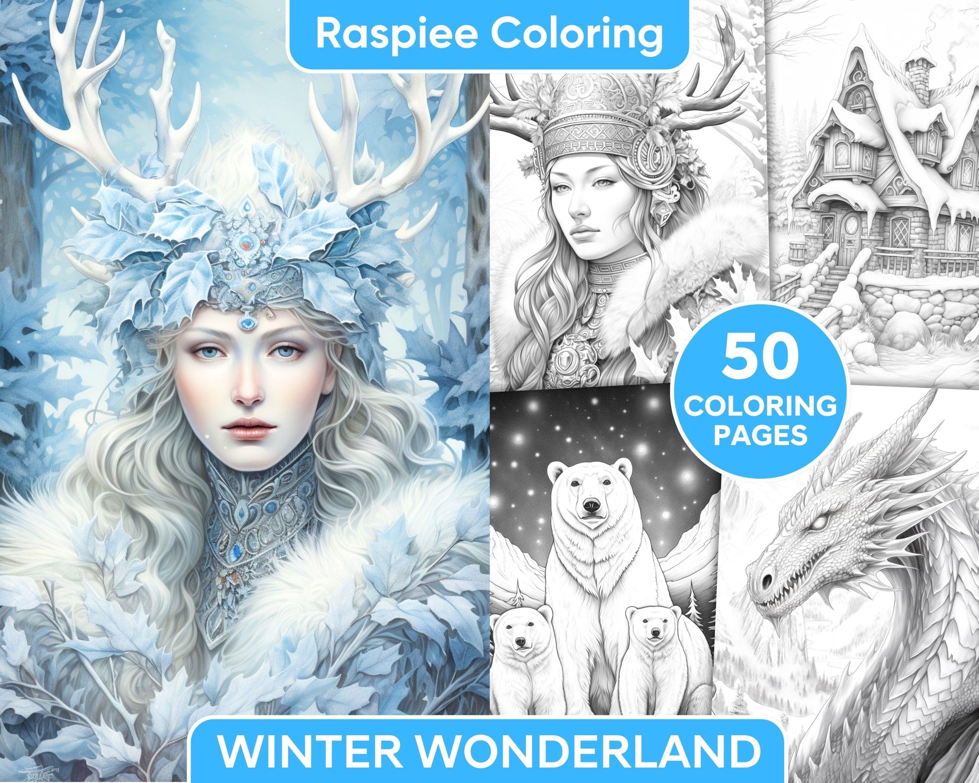 50 Winter Wonderland Grayscale Coloring Pages for Adults, Printable PDF Instant Download