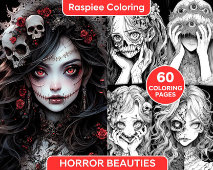 60 Horror Beauties Grayscale Coloring Pages Printable for Adults, PDF File Instant Download