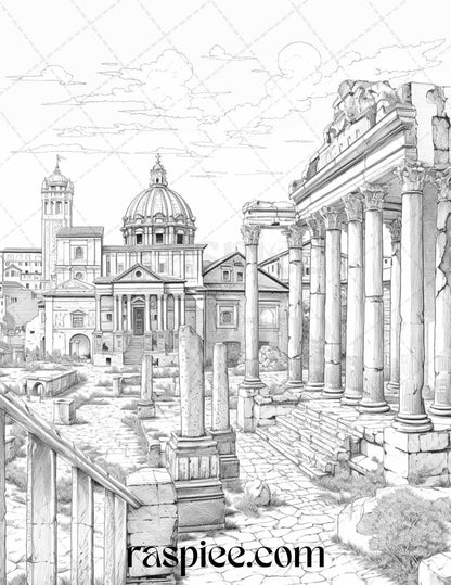 Roman Architecture Grayscale Coloring Pages Printable for Adults, PDF File Instant Download