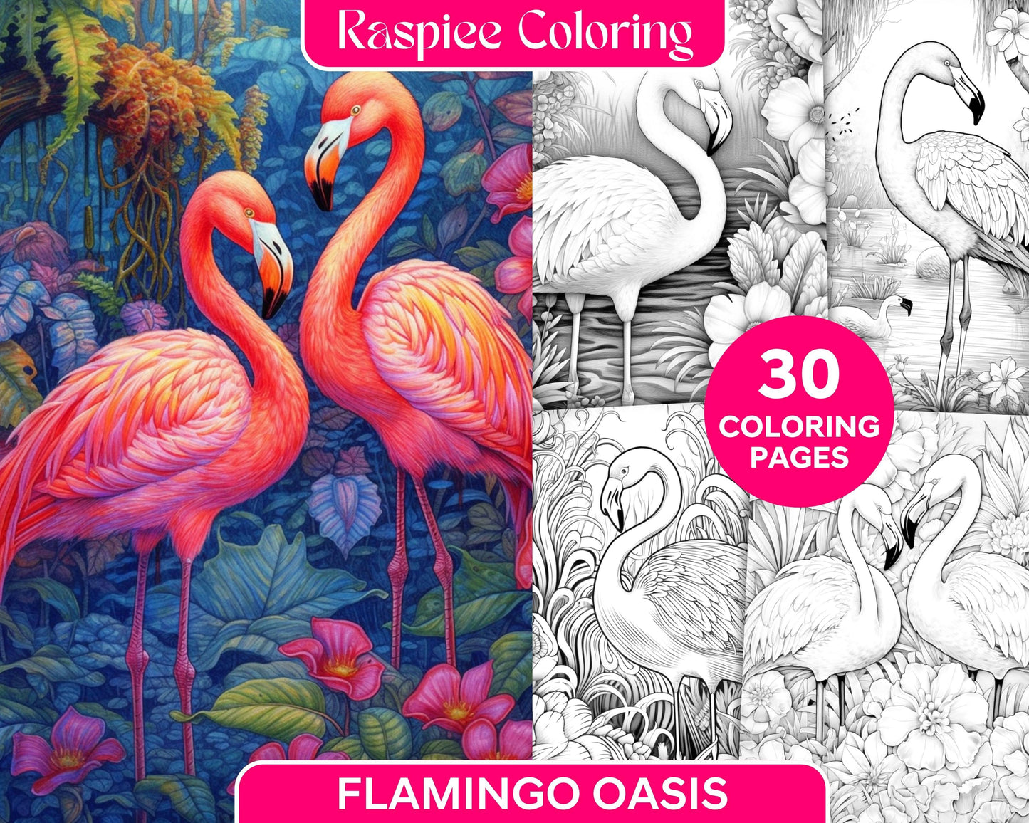 Flamingo Oasis Grayscale Coloring Pages Printable for Adults, PDF File Instant Download