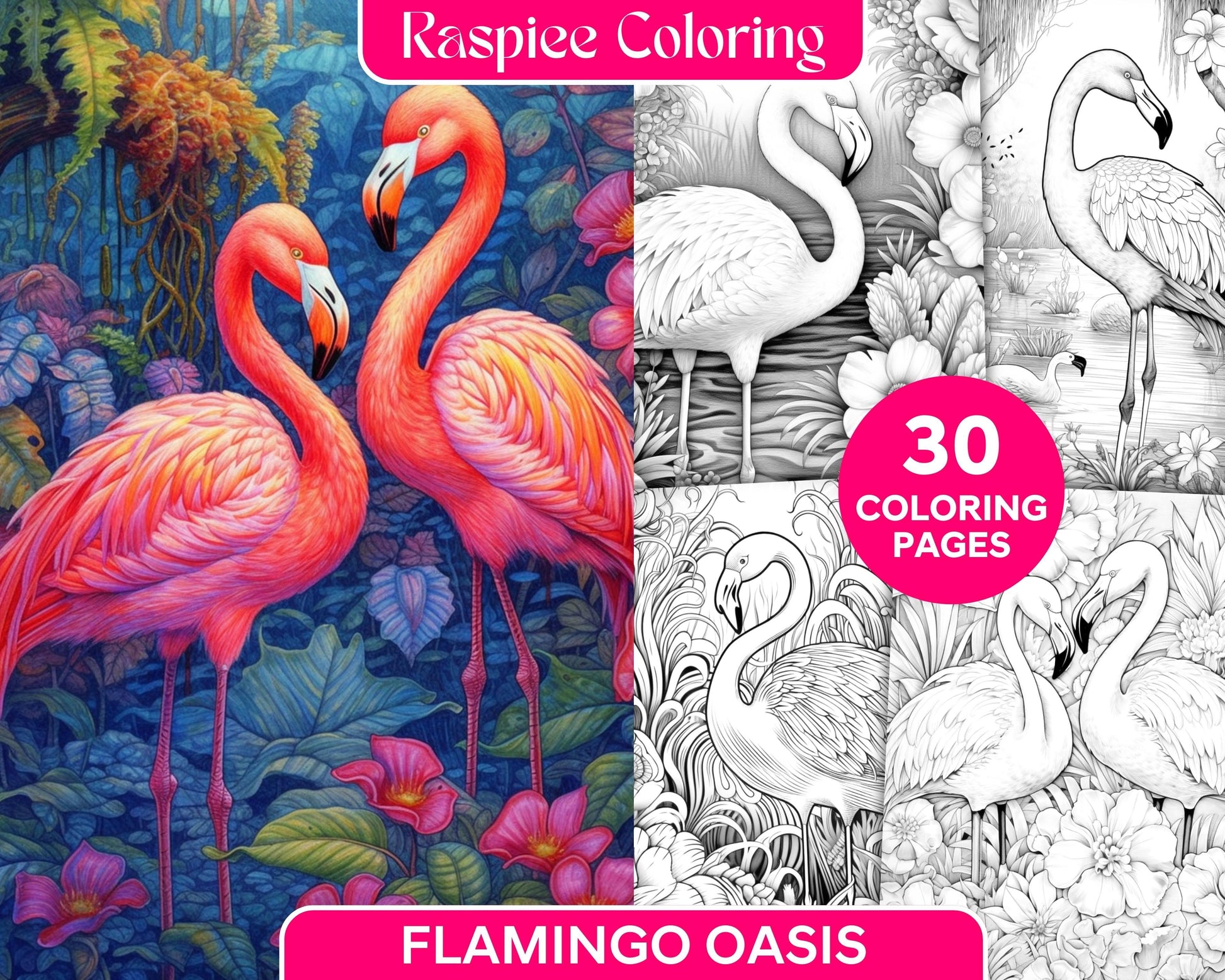 Flamingo Oasis Grayscale Coloring Pages Printable for Adults, PDF File Instant Download
