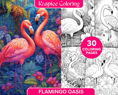 Flamingo Oasis Grayscale Coloring Pages Printable for Adults, PDF File Instant Download