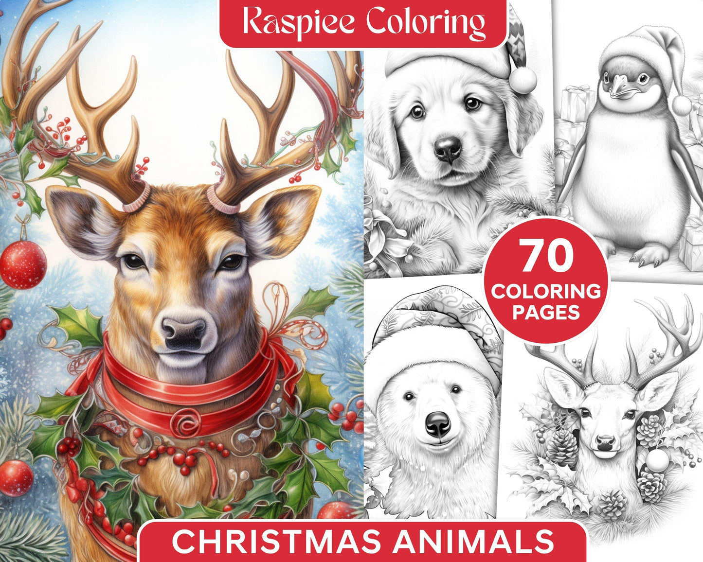 70 Christmas Animals Grayscale Coloring Pages Printable for Adults, PDF File Instant Download