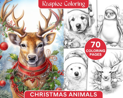 70 Christmas Animals Grayscale Coloring Pages Printable for Adults, PDF File Instant Download