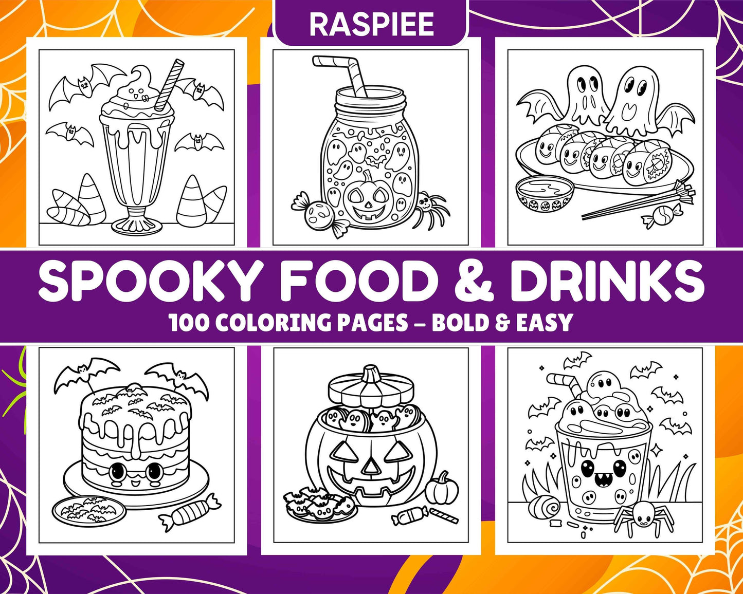 100 Bold Easy Spooky Food & Drinks Coloring Pages Printable PDF Instant Download