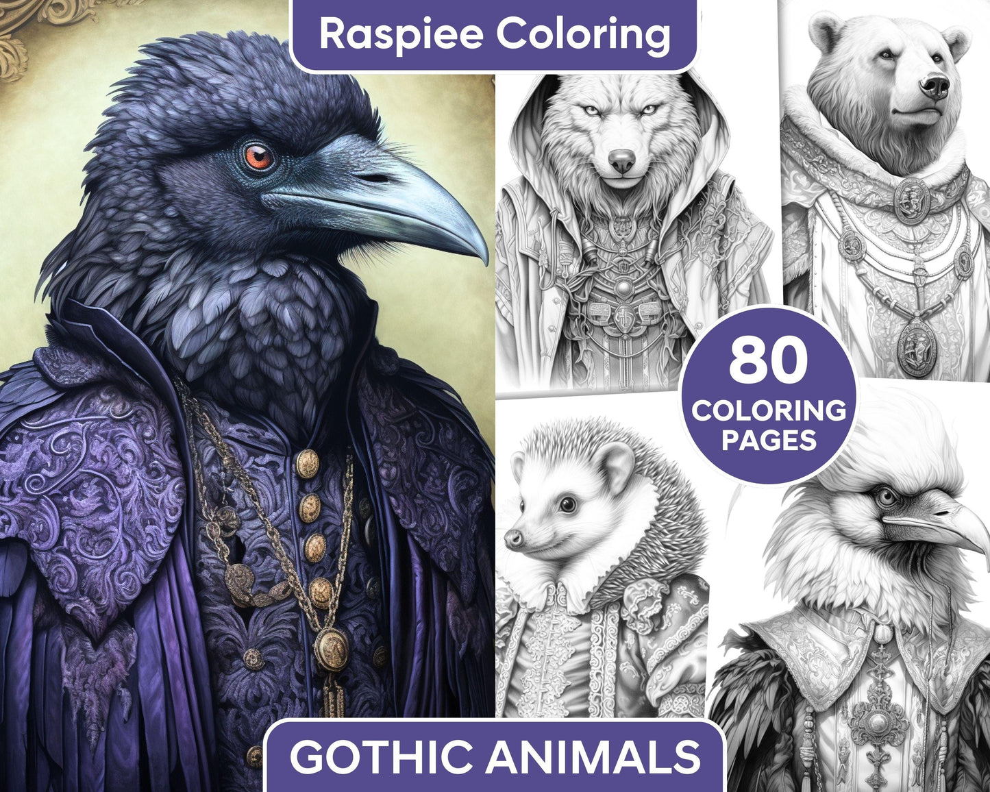 80 Gothic Animals Grayscale Adult Coloring Pages, Printable PDF Instant Download