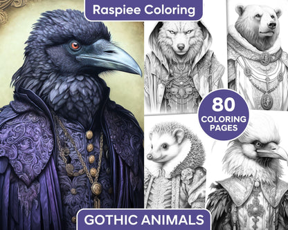 80 Gothic Animals Grayscale Adult Coloring Pages, Printable PDF Instant Download