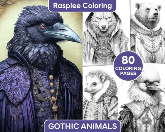 80 Gothic Animals Grayscale Adult Coloring Pages, Printable PDF Instant Download