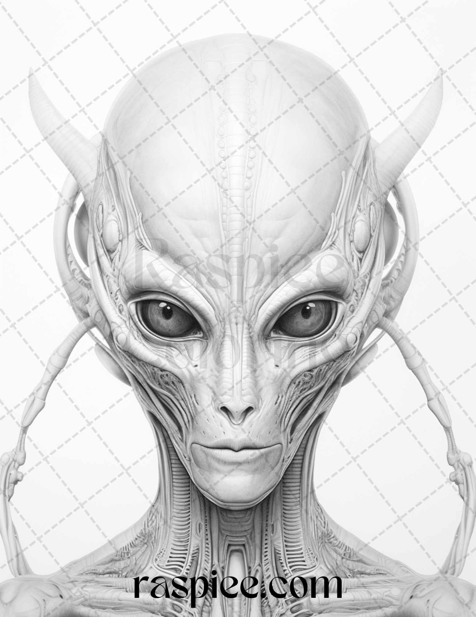 65 Alien Portrait Grayscale Coloring Pages for Adults, Printable PDF File Instant Download