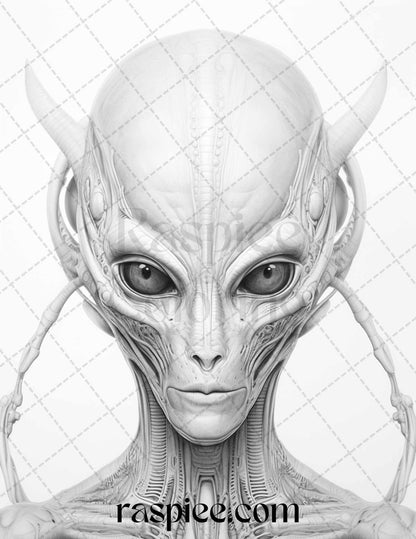 65 Alien Portrait Grayscale Coloring Pages for Adults, Printable PDF File Instant Download
