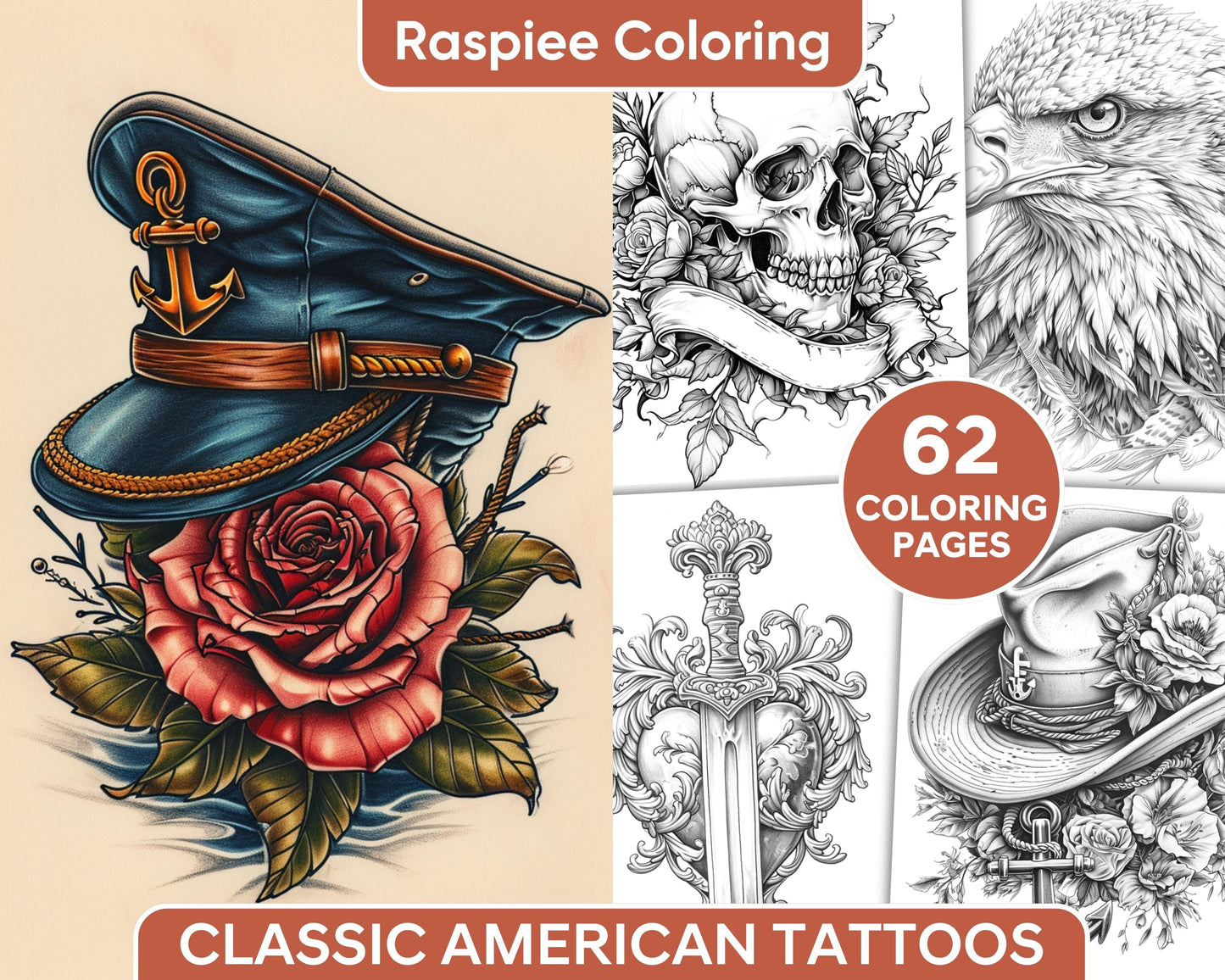 62 Classic American Tattoos Grayscale Adult Coloring Pages, Printable PDF Instant Download