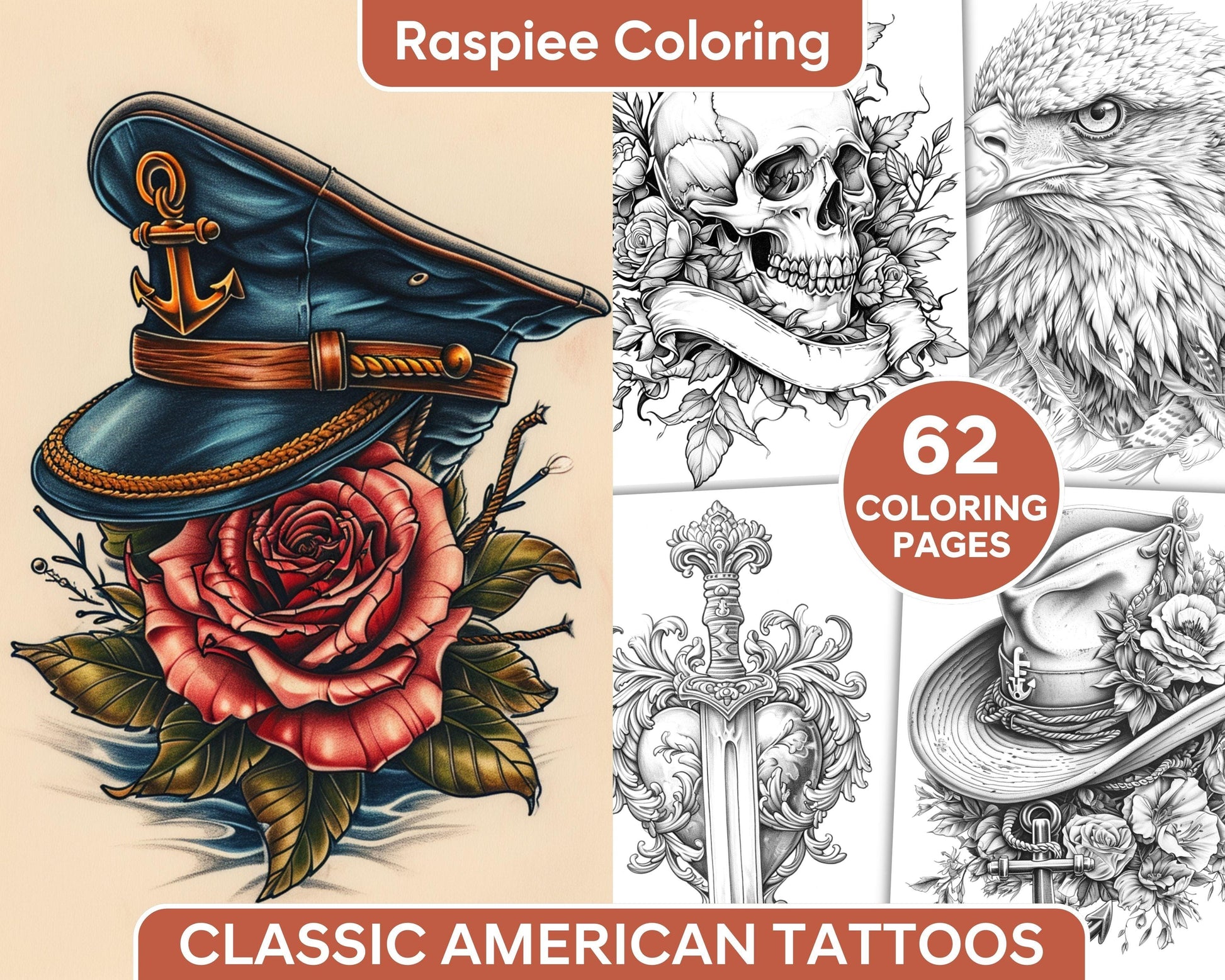 62 Classic American Tattoos Grayscale Adult Coloring Pages, Printable PDF Instant Download
