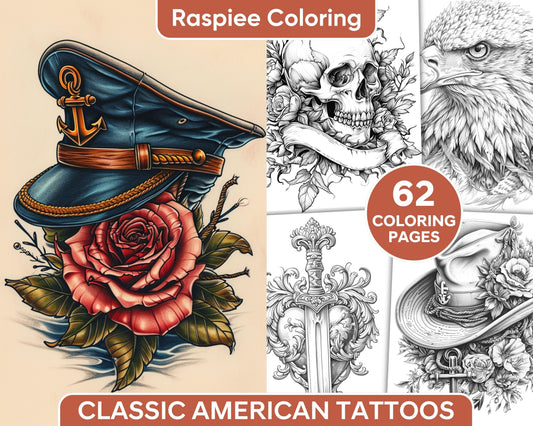 62 Classic American Tattoos Grayscale Adult Coloring Pages, Printable PDF Instant Download