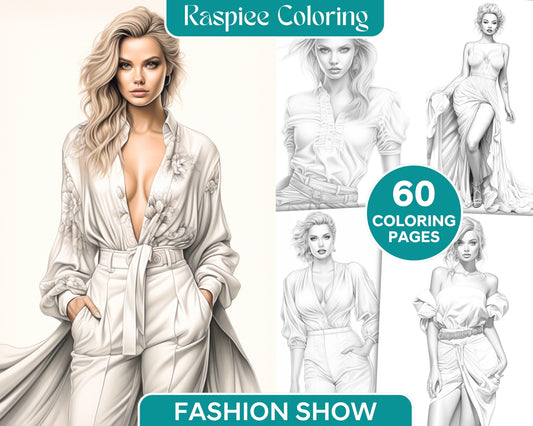 Fashion Show Grayscale Coloring Pages Printable for Adults, PDF File Instant Download