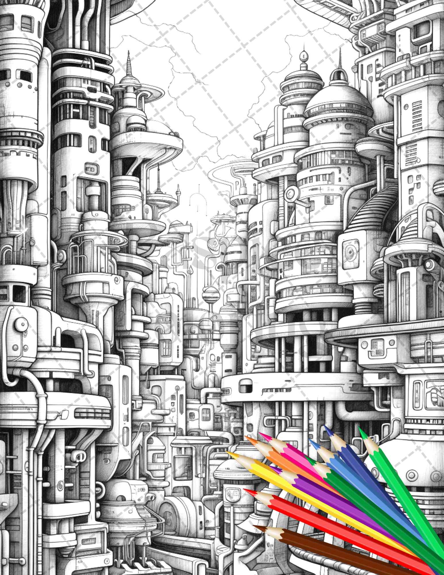 50 Futuristic Metropolis Grayscale Coloring Pages Printable for Adults, PDF File Instant Download