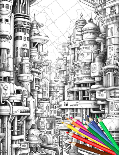 50 Futuristic Metropolis Grayscale Coloring Pages Printable for Adults, PDF File Instant Download