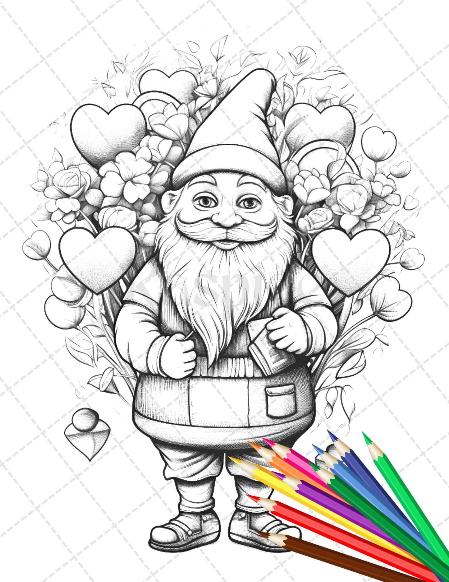 33 Gnome Love Coloring Pages Printable for Adults, Grayscale Coloring Page, PDF File Instant Download