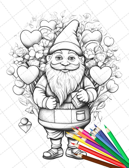 33 Gnome Love Coloring Pages Printable for Adults, Grayscale Coloring Page, PDF File Instant Download
